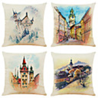Set of 4 Watercolor City Linen Square Decorative Throw Pillow Cases Sofa Cushion Covers 18x18