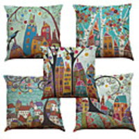 Set of 5 Linen Natural / Organic Pillow Cover Pillow Case,  Solid Colored Floral Plaid Casual Retro Traditional / Classic Throw Pillow