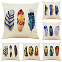 Set of 6 Artistic Feather Linen Square Decorative Throw Pillow Cases Sofa Cushion Covers 18x18
