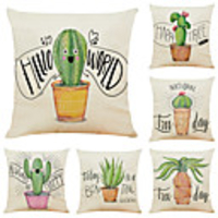 Set of 6 Cactus Linen Square Decorative Throw Pillow Cases Sofa Cushion Covers 18x18