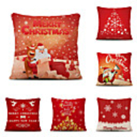 Set of 6 Christmas Pillow Covers Cotton Linen Santa Tree Reindeer Holiday Christmas Decoration
