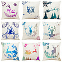 Set of 9 Elk Creative Christmas Linen Square Decorative Throw Pillow Cases Sofa Cushion Covers 18x18