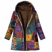 sfe women coats fall vintage print plush lined faux fur neck hoodd cardigans long sleeve thickened jacket with pocket miniinthebox