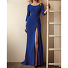 Sheath / Column Beautiful Back Elegant Wedding Guest Formal Evening Dress Jewel Neck 3/4 Length Sleeve Sweep / Brush Train Stretch Satin with Split 2020