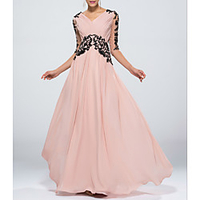 Sheath / Column Beautiful Back Empire Wedding Guest Formal Evening Dress V Neck Half Sleeve Floor Length Chiffon with Appliques 2020