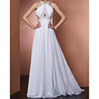Sheath / Column Beautiful Back Sexy Engagement Formal Evening Dress Halter Neck Sleeveless Sweep / Brush Train Chiffon with Pleats 2020