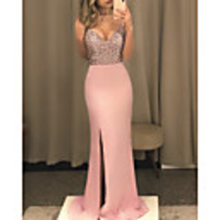 Sheath / Column Beautiful Back Sexy Prom Formal Evening Dress Spaghetti Strap Sleeveless Sweep / Brush Train Spandex with Sequin Split 2020