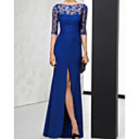 Sheath / Column Beautiful Back Sexy Wedding Guest Formal Evening Dress Illusion Neck Half Sleeve Floor Length Satin with Split Lace Insert Appliques 2020