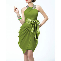Sheath / Column Beautiful Back Vintage Homecoming Cocktail Party Dress Halter Neck Sleeveless Short / Mini Chiffon with Bow(s) Crystals 2020