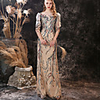 Sheath / Column Color Block Luxurious Prom Formal Evening Dress Illusion Neck Half Sleeve Floor Length Lace Sequined with Sequin 2020