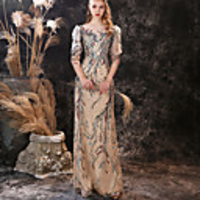 Sheath / Column Color Block Luxurious Prom Formal Evening Dress Illusion Neck Half Sleeve Floor Length Lace Sequined with Sequin 2020