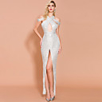 Sheath / Column Cut Out Sexy Prom Formal Evening Dress Halter Neck Short Sleeve Floor Length Sequined with Split 2020
