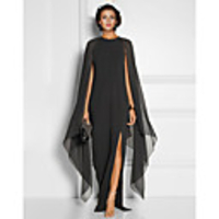 Sheath / Column Elegant Black Wedding Guest Formal Evening Dress Jewel Neck Sleeveless Floor Length Chiffon with Draping Split Front 2020
