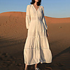 Sheath / Column Elegant Boho Holiday Party Wear Dress V Neck Long Sleeve Ankle Length Cotton with Pleats Lace Insert 2020