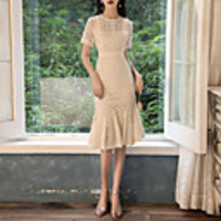 Sheath / Column Elegant Boho Homecoming Cocktail Party Dress Jewel Neck Short Sleeve Knee Length Lace with Lace Insert 2020