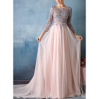 Sheath / Column Elegant Floral Engagement Formal Evening Dress Jewel Neck 3/4 Length Sleeve Court Train Chiffon with Sash / Ribbon Appliques 2020