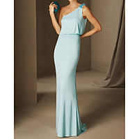 Sheath / Column Elegant Floral Engagement Formal Evening Dress One Shoulder Sleeveless Sweep / Brush Train Chiffon with Appliques 2020