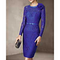 Sheath / Column Elegant Floral Wedding Guest Cocktail Party Dress Jewel Neck Long Sleeve Knee Length Lace with Sash / Ribbon 2020
