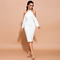 Sheath / Column Elegant Minimalist Homecoming Party Wear Dress Halter Neck Long Sleeve Knee Length Spandex with Sleek 2020