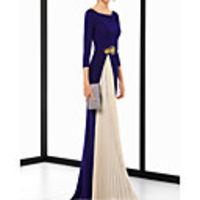 Sheath / Column Elegant Minimalist Wedding Guest Formal Evening Dress Jewel Neck 3/4 Length Sleeve Sweep / Brush Train Spandex Chiffon with Sash / Ribbon Pleats 2020