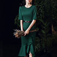 Sheath / Column Elegant Vintage Homecoming Cocktail Party Dress Jewel Neck Half Sleeve Tea Length Spandex with Sash / Ribbon 2020