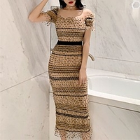 Sheath / Column Elegant Vintage Homecoming Cocktail Party Dress Scoop Neck Short Sleeve Tea Length Tulle with Pattern / Print 2021 miniinthebox