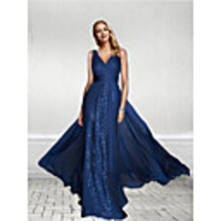 Sheath / Column Empire Blue Party Wear Formal Evening Dress V Neck Sleeveless Floor Length Chiffon Sequined with Sequin Split Front 2020