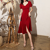 Sheath / Column Empire Elegant Party Wear Prom Dress V Neck Short Sleeve Tea Length Stretch Fabric with Pleats Split 2021 miniinthebox
