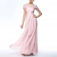 Sheath / Column Empire Elegant Wedding Guest Formal Evening Dress Jewel Neck Short Sleeve Floor Length Chiffon with Ruched Crystals Appliques 2020