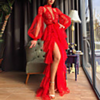 Sheath / Column Empire Sexy Party Wear Prom Dress High Neck Long Sleeve Sweep / Brush Train Tulle with Split Tier 2020