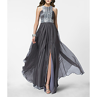Sheath / Column Empire Sparkle Wedding Guest Formal Evening Dress Jewel Neck Sleeveless Sweep / Brush Train Chiffon with Pleats Sequin 2020