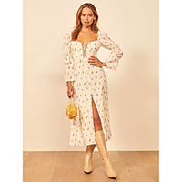 Sheath / Column Floral Boho Holiday Cocktail Party Dress Scoop Neck Long Sleeve Tea Length Cotton with Split Pattern / Print 2020