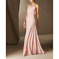 Sheath / Column Floral Sexy Engagement Formal Evening Dress Jewel Neck Sleeveless Sweep / Brush Train Chiffon with Pleats Beading 2020