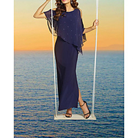 Sheath / Column Glittering Elegant Wedding Guest Formal Evening Dress Jewel Neck Short Sleeve Ankle Length Chiffon with Split 2020