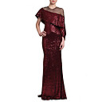 Sheath / Column Glittering Minimalist Wedding Guest Formal Evening Dress Illusion Neck Short Sleeve Sweep / Brush Train Sequined with Sequin Ruffles 2020