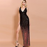 Sheath / Column Glittering Sexy Party Wear Formal Evening Dress V Neck Sleeveless Floor Length Sequined with Sequin Split 2020