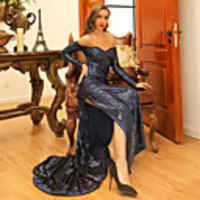 Sheath / Column Glittering Sexy Prom Formal Evening Dress Off Shoulder Long Sleeve Court Train Sequined with Split 2020