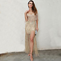 Sheath / Column Glittering Sexy Prom Formal Evening Dress Spaghetti Strap Sleeveless Floor Length Spandex with Tassel Split 2020