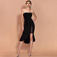 Sheath / Column Little Black Dress bodycon Party Wear Cocktail Party Dress Strapless Sleeveless Asymmetrical Spandex with Ruffles Split 2020