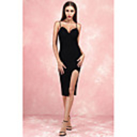 Sheath / Column Little Black Dress Sexy Party Wear Cocktail Party Dress Spaghetti Strap Sleeveless Knee Length Spandex with Split 2020