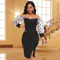 Sheath / Column Little Black Dress Vintage Party Wear Cocktail Party Dress Sweetheart Neckline Long Sleeve Knee Length Stretch Fabric with Beading Split 2020