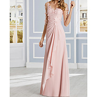 Sheath / Column Luxurious Floral Engagement Formal Evening Dress Illusion Neck Half Sleeve Floor Length Chiffon Lace with Ruffles Draping Appliques 2020