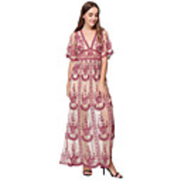 Sheath / Column Maxi Boho Holiday Party Wear Dress V Neck Short Sleeve Ankle Length Lace with Pattern / Print 2020