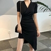 Sheath / Column Minimalist bodycon Homecoming Cocktail Party Dress V Neck Short Sleeve Asymmetrical Cotton with Ruched 2021 miniinthebox