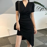 Sheath / Column Minimalist bodycon Homecoming Cocktail Party Dress V Neck Short Sleeve Asymmetrical Cotton with Ruched 2021 miniinthebox