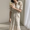 Sheath / Column Minimalist Elegant Homecoming Cocktail Party Dress V Neck Half Sleeve Tea Length Lace with Ruffles 2021 miniinthebox