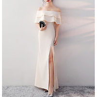 Sheath / Column Minimalist Elegant Prom Formal Evening Dress Off Shoulder Short Sleeve Floor Length Spandex with Ruffles Split 2020