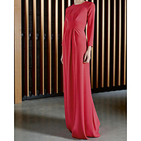 Sheath / Column Minimalist Elegant Wedding Guest Formal Evening Dress Jewel Neck Long Sleeve Floor Length Chiffon with Pleats 2020