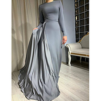 Sheath / Column Minimalist Elegant Wedding Guest Formal Evening Dress Jewel Neck Long Sleeve Floor Length Satin with Pleats 2020
