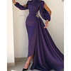 Sheath / Column Minimalist Elegant Wedding Guest Formal Evening Dress Jewel Neck Long Sleeve Sweep / Brush Train Satin with Pleats 2020
